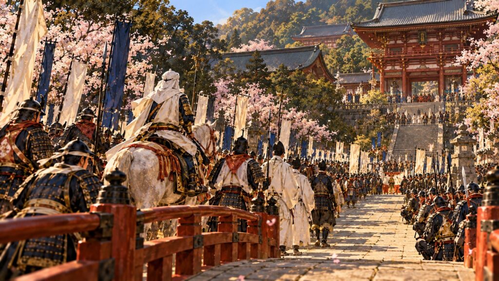 関東管領を継ぐ儀式のため、鶴岡八幡宮の参道を進む白い頭巾の大将と武将たちのイラスト