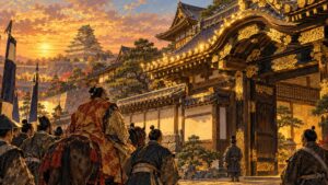 夕日を受けて軒先の金箔瓦が輝く大坂城そばの屋敷と、それを見上げる大名の一行のイメージイラスト