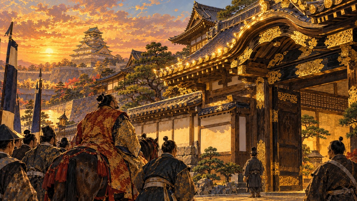 夕日を受けて軒先の金箔瓦が輝く大坂城そばの屋敷と、それを見上げる大名の一行のイメージイラスト