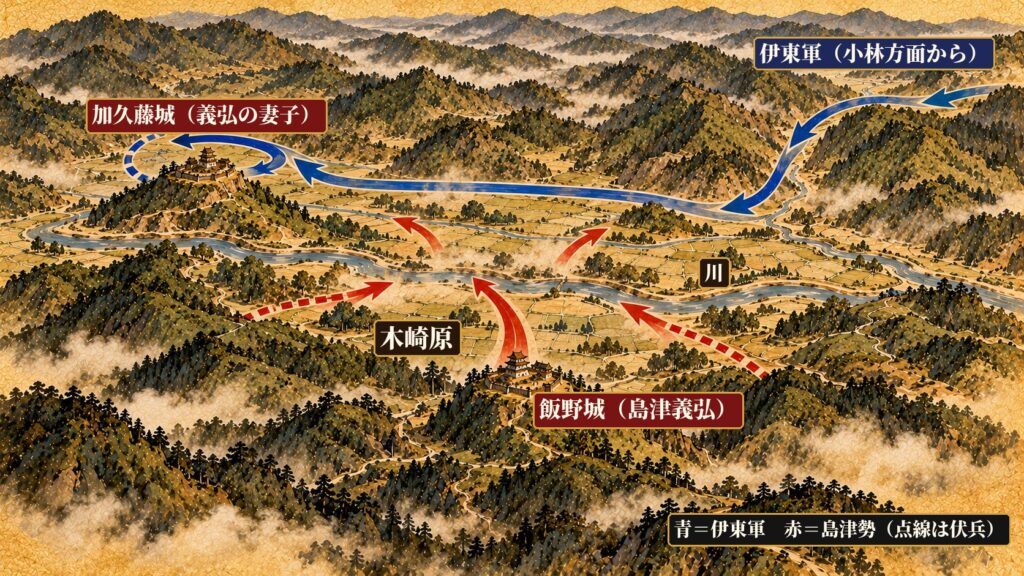 飯野城・加久藤城・木崎原・小林城方面と、伊東軍・島津勢の動きを示した位置関係図