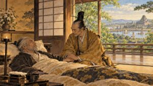 大坂の屋敷で病の床に伏す蜂須賀小六と、枕元で手をとる豊臣秀吉のイメージイラスト