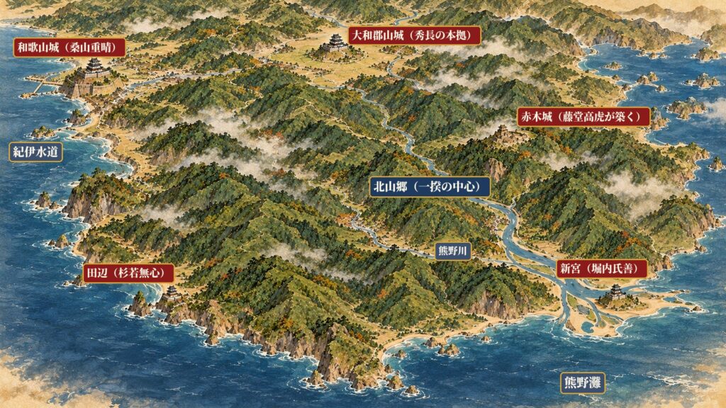 和歌山城・大和郡山城・田辺・新宮・北山郷・赤木城の位置関係図