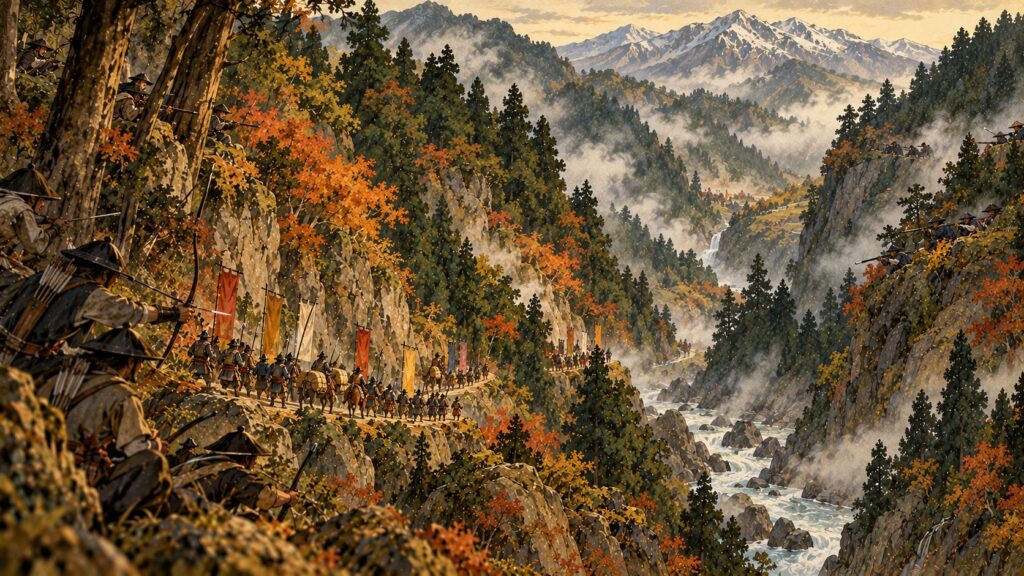 熊野の山中を進む秀長の軍と、待ち伏せる地侍たちのイメージ