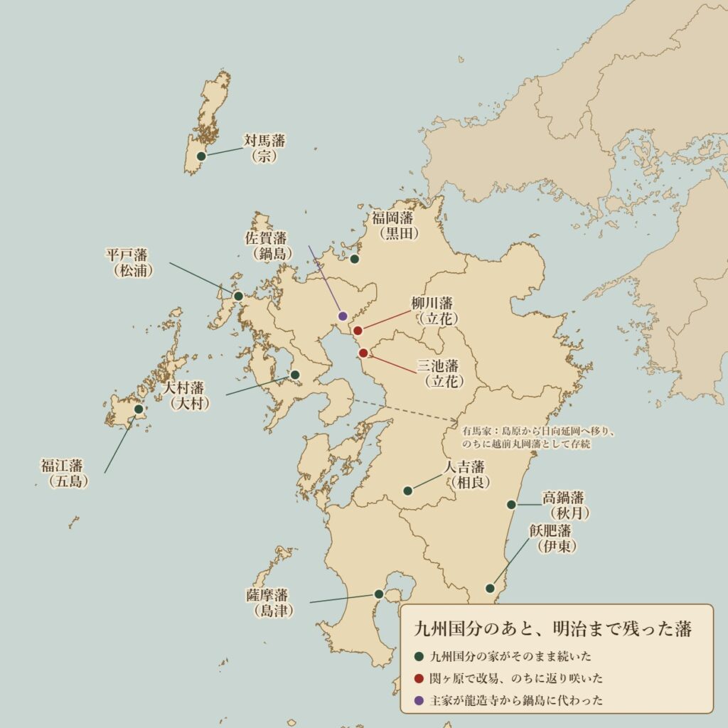 九州国分のあと明治まで残った藩の配置図