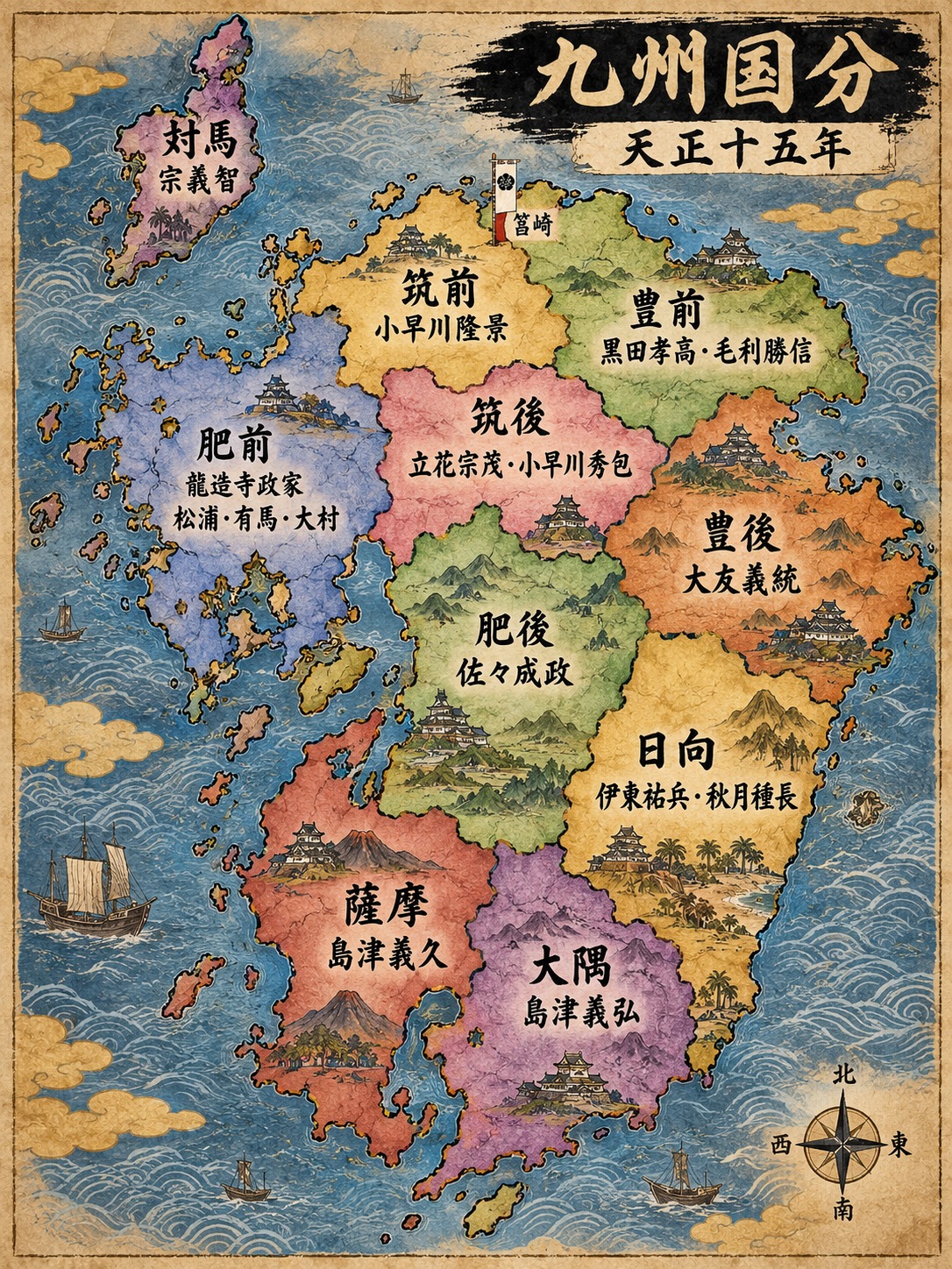 天正15年の九州国分を表した古地図風の地図
