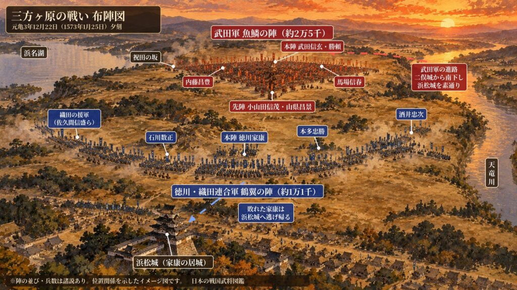 三方ヶ原の戦いの布陣図。台地の上の武田軍の魚鱗の陣と、徳川・織田連合軍の鶴翼の陣、浜松城の位置関係