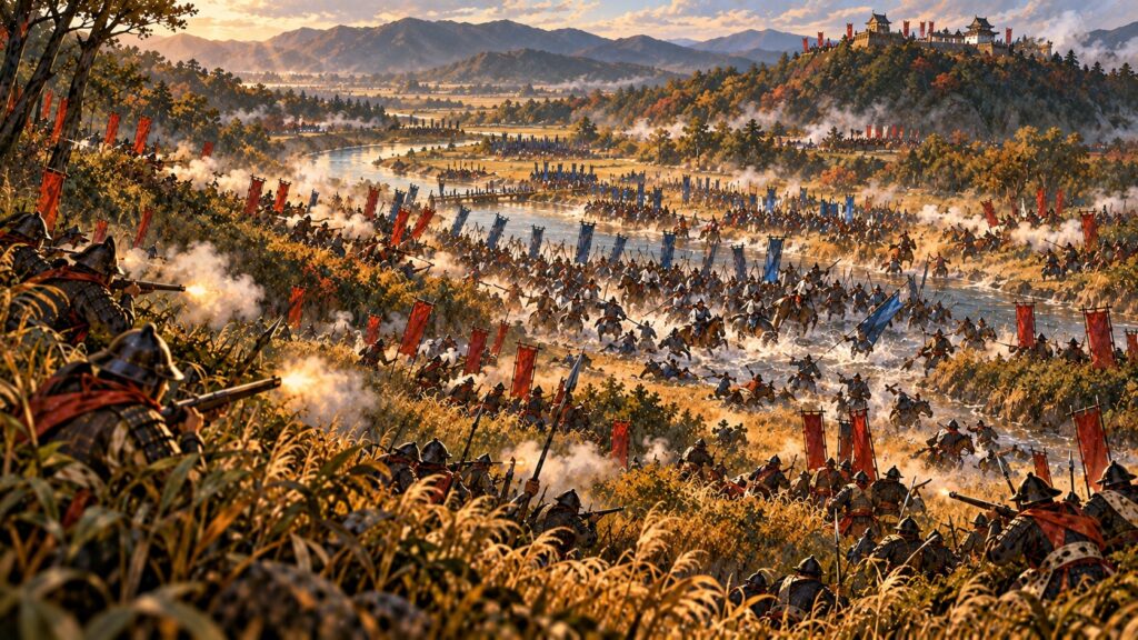 川を渡った大友軍に左右から襲いかかる島津の伏兵のイラスト