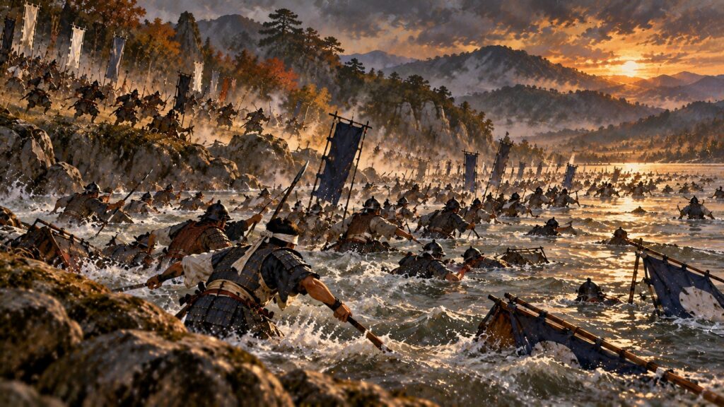 島津軍に追われ、耳川を渡って逃げる大友軍のイラスト