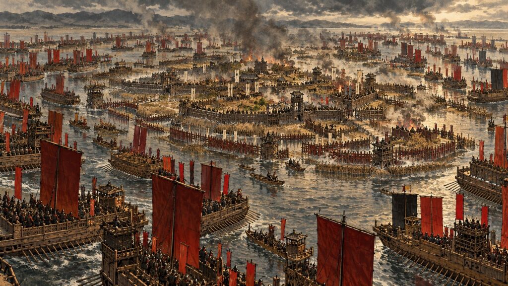 川と海を埋め尽くす織田の軍船に囲まれた長島の城のイラスト