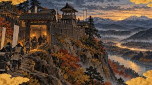 夜明け前、山城・名胡桃城の門へ入っていく北条家の兵たちのイメージイラスト