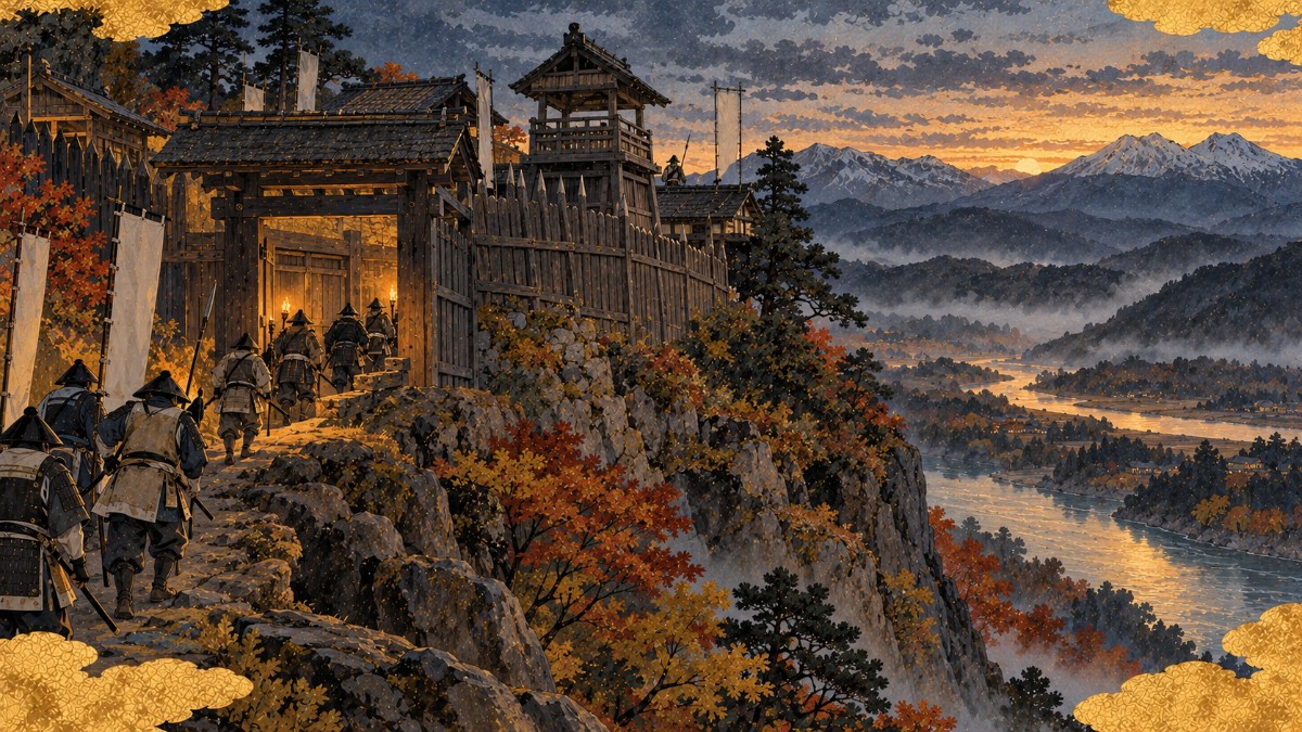 夜明け前、山城・名胡桃城の門へ入っていく北条家の兵たちのイメージイラスト