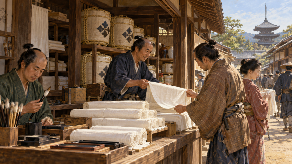 奈良の名産を扱う店先 ― 筆・墨・晒・酒