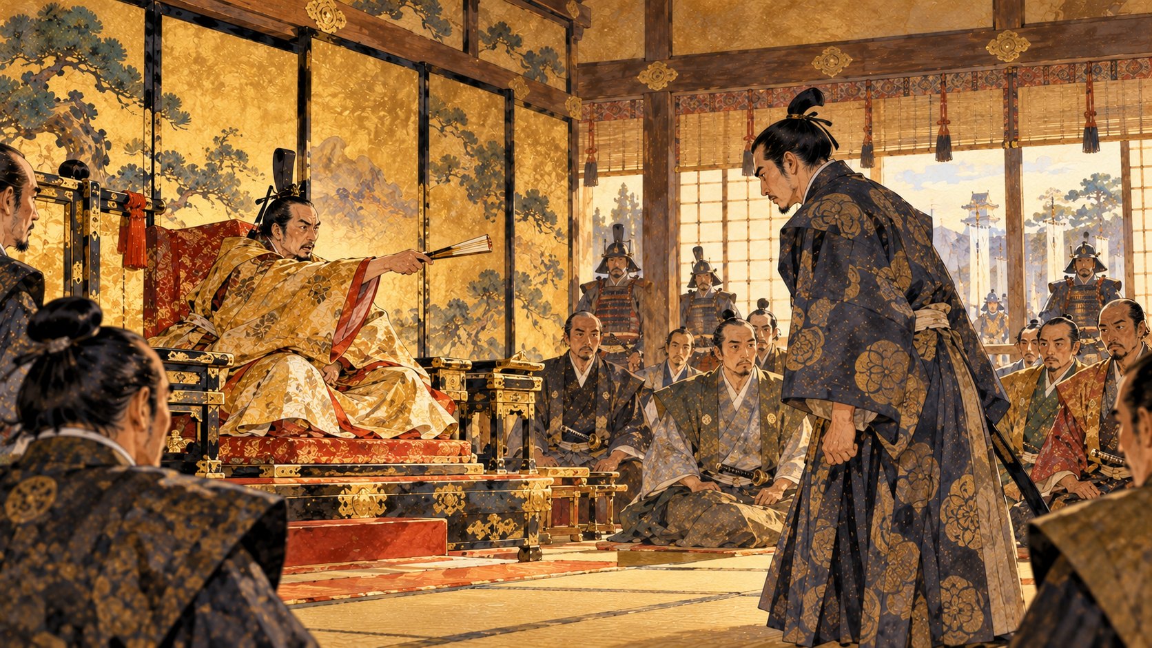 秀吉の前で国替えを断る織田信雄（イラスト）