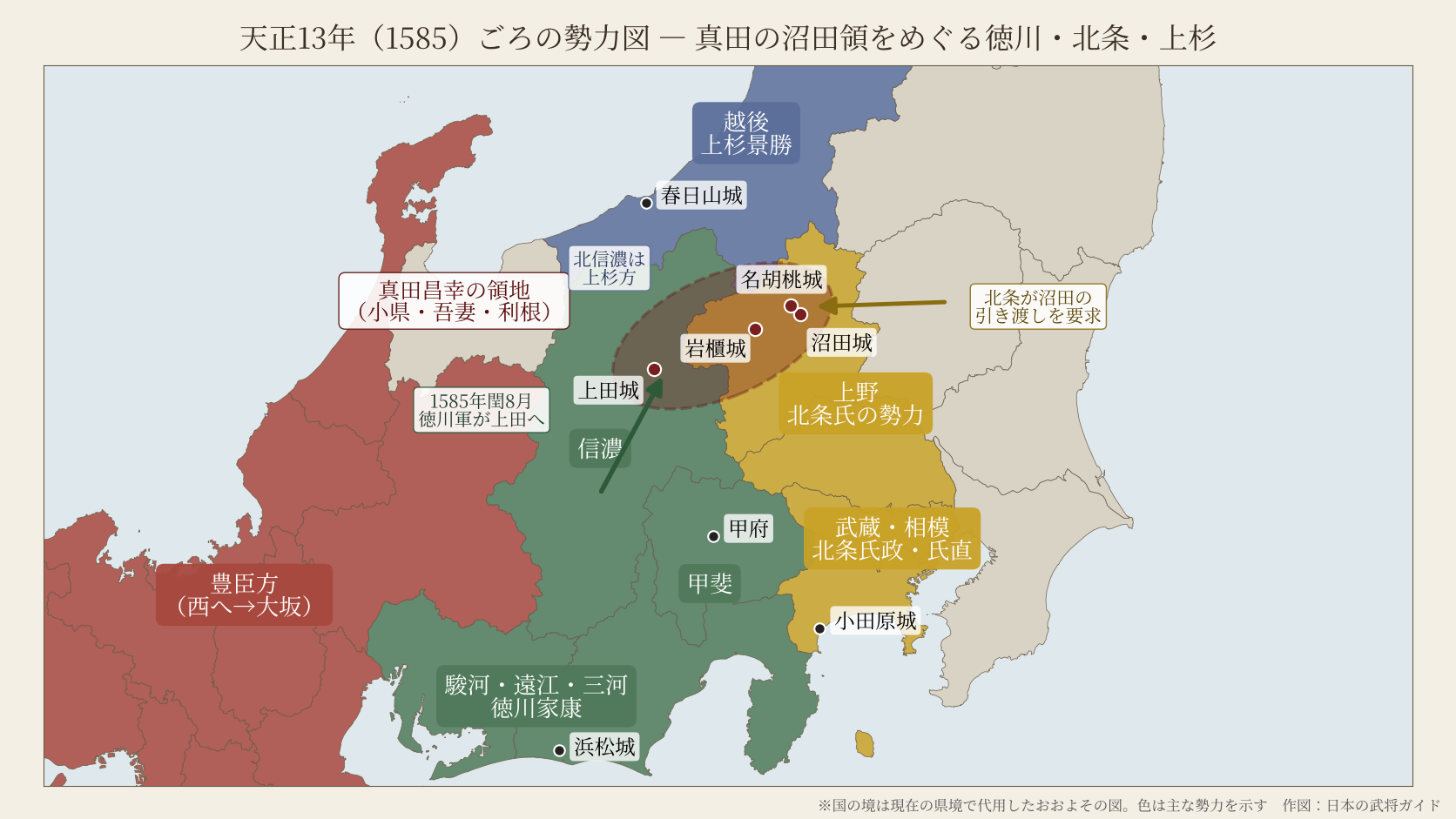 天正13年(1585)ごろの勢力図。真田昌幸の上田・岩櫃・沼田・名胡桃と、徳川・北条・上杉の勢力範囲