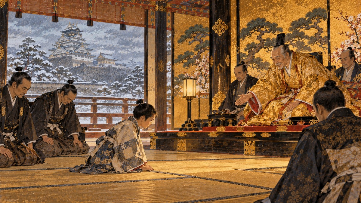大坂城の広間で、秀吉の前に頭を下げる少年の於義伊（のちの結城秀康）のイメージイラスト