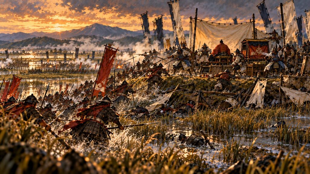 湿地の中の龍造寺の本陣に斬り込む島津の兵のイラスト