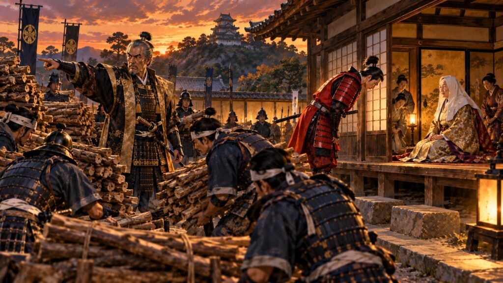 岡崎で大政所の宿所に薪を積ませる本多重次と、大政所をいたわる井伊直政