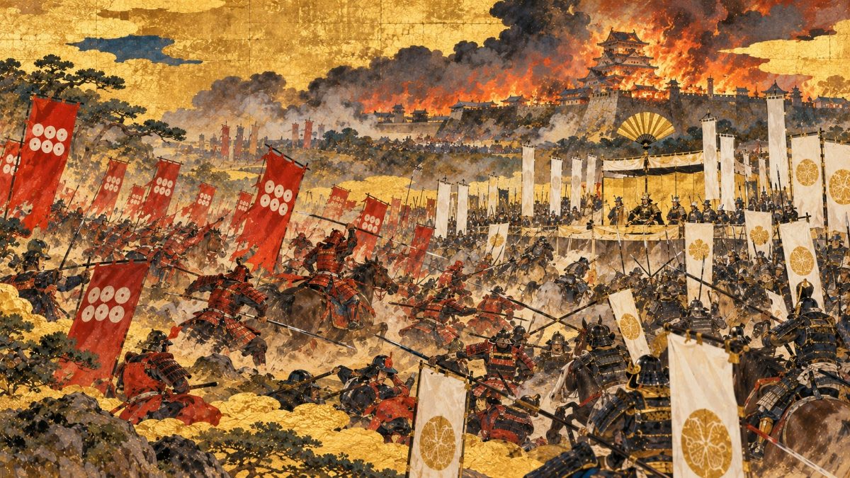 大坂夏の陣で炎上する大坂城と、徳川家康の本陣に突撃する真田隊を描いた日本画風イラスト