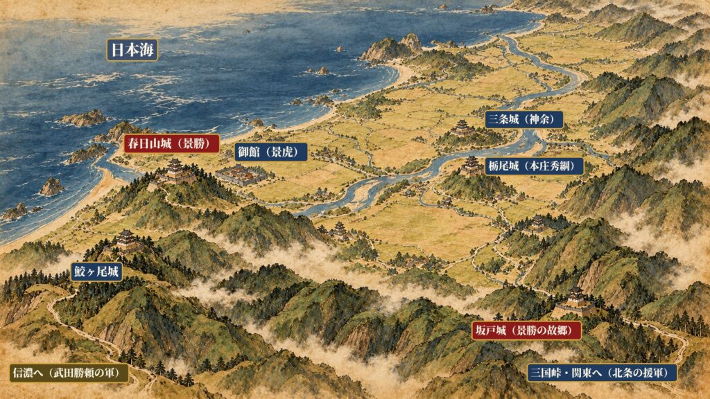 春日山城・御館・鮫ヶ尾城・坂戸城などの位置関係図