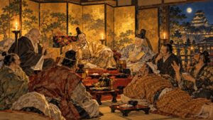 夜の座敷で秀吉を囲み、僧や元将軍、茶人、町人らが話をする御伽衆のイメージ