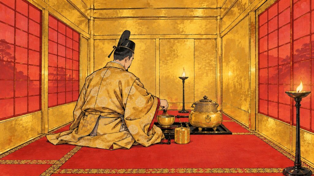黄金の茶室で茶を点てる豊臣秀吉のイラスト