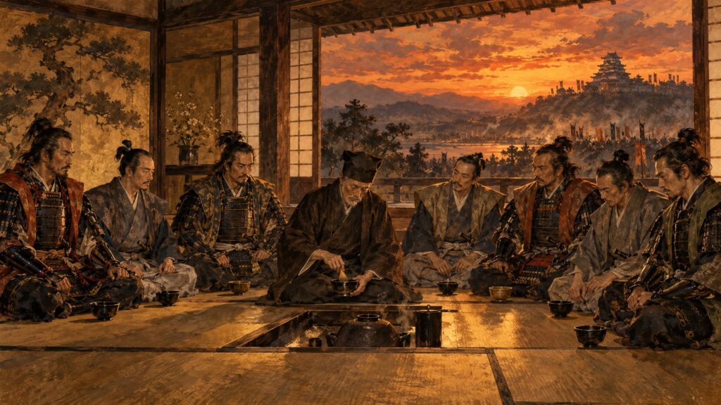 茶を点てる千利休と、並んで座る七人の武将の弟子たちのイラスト（イメージ）