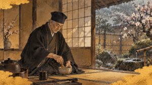 早春の雨の日、草庵の茶室でひとり茶を点てる千利休のイメージイラスト