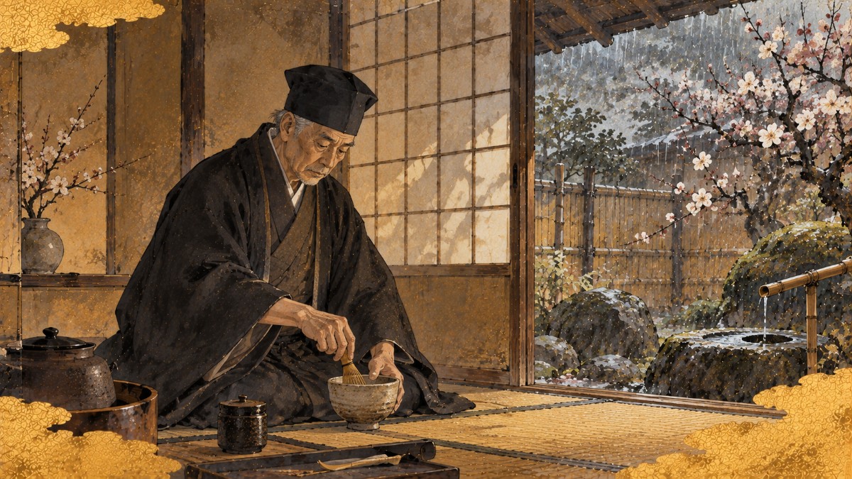 早春の雨の日、草庵の茶室でひとり茶を点てる千利休のイメージイラスト