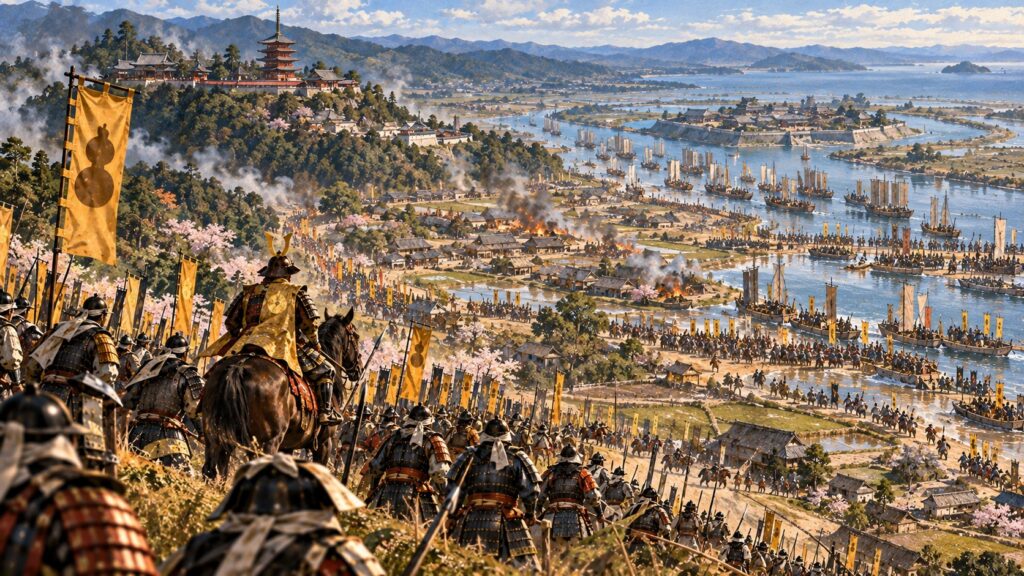 紀ノ川の河口の村々と根来寺へ海と陸から押し寄せる秀吉の大軍のイラスト