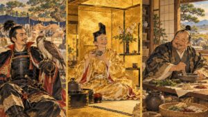 鷹狩りと相撲の信長、黄金の茶室の秀吉、薬草で薬をつくる家康を並べたイメージイラスト