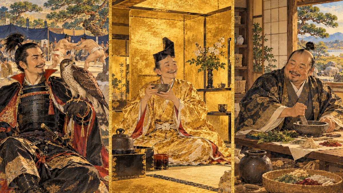 鷹狩りと相撲の信長、黄金の茶室の秀吉、薬草で薬をつくる家康を並べたイメージイラスト