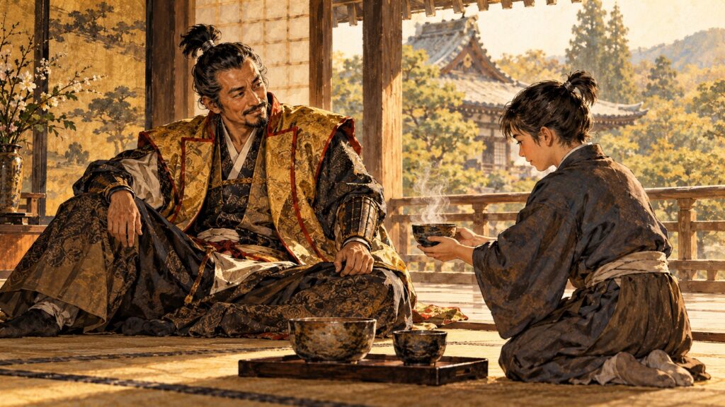三献目の茶を差し出す佐吉と、感心して見つめる秀吉(イメージ)