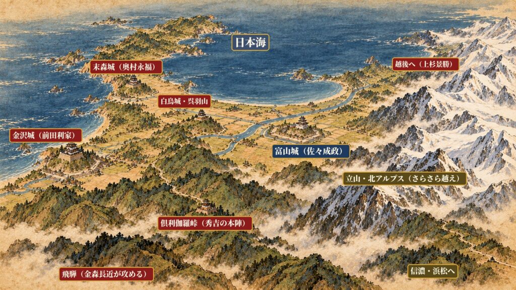末森城・金沢城・富山城・倶利伽羅峠・立山の位置関係図