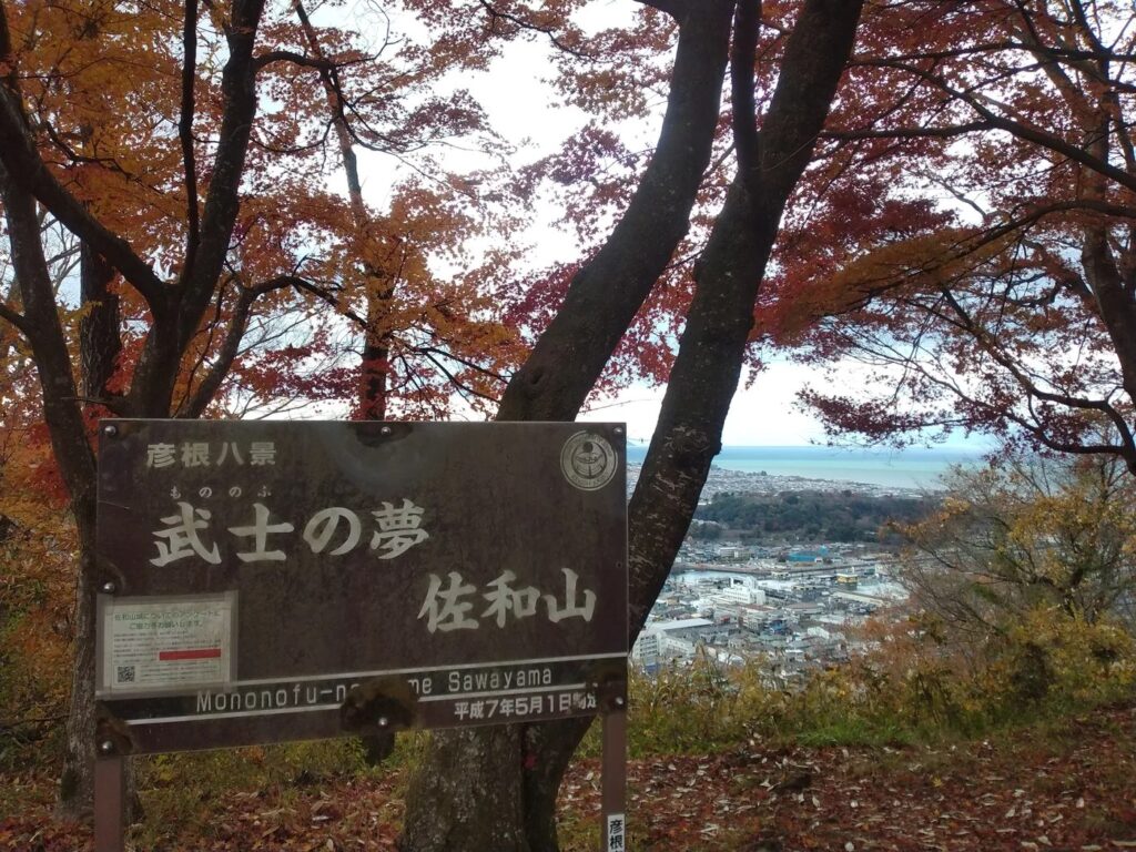 「武士の夢 佐和山」の看板と、山上から望む彦根の町と琵琶湖