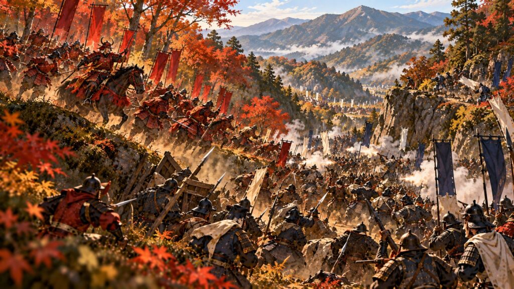 紅葉の山あいで北条軍の背後に駆け下りる武田の別働隊のイラスト