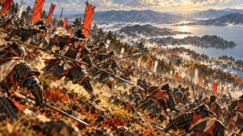 賤ヶ岳の山頂から槍を構えて駆け下りる羽柴方の若武者たちのイラスト