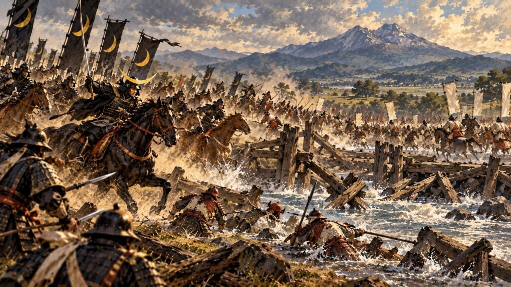 橋の落ちた川のほとりで伊達の騎馬武者に追われる蘆名軍のイラスト