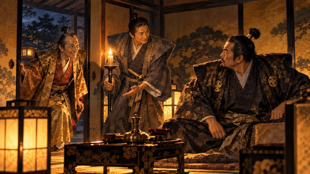 秀長の屋敷に泊まる家康のもとを、秀吉がひそかに訪ねた夜