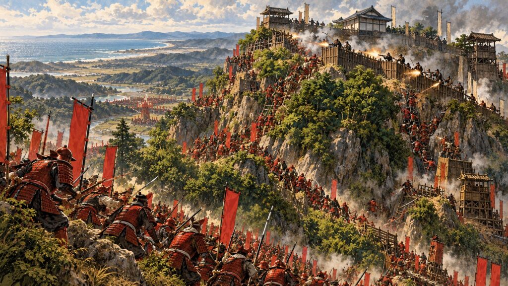 急な崖に囲まれた山城・高天神城を攻め上る武田の大軍のイラスト