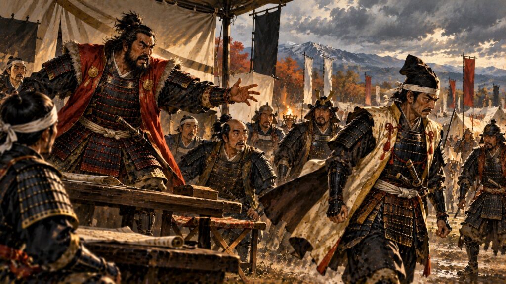 陣中でひげの総大将と言い争い、背を向けて陣を出ていく武将のイラスト