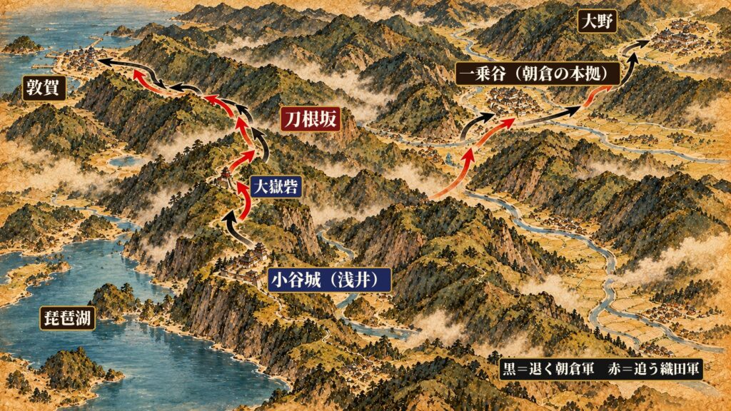 小谷城・大嶽砦・刀根坂・敦賀・一乗谷・大野の位置関係と、朝倉軍の退路を示した位置関係図