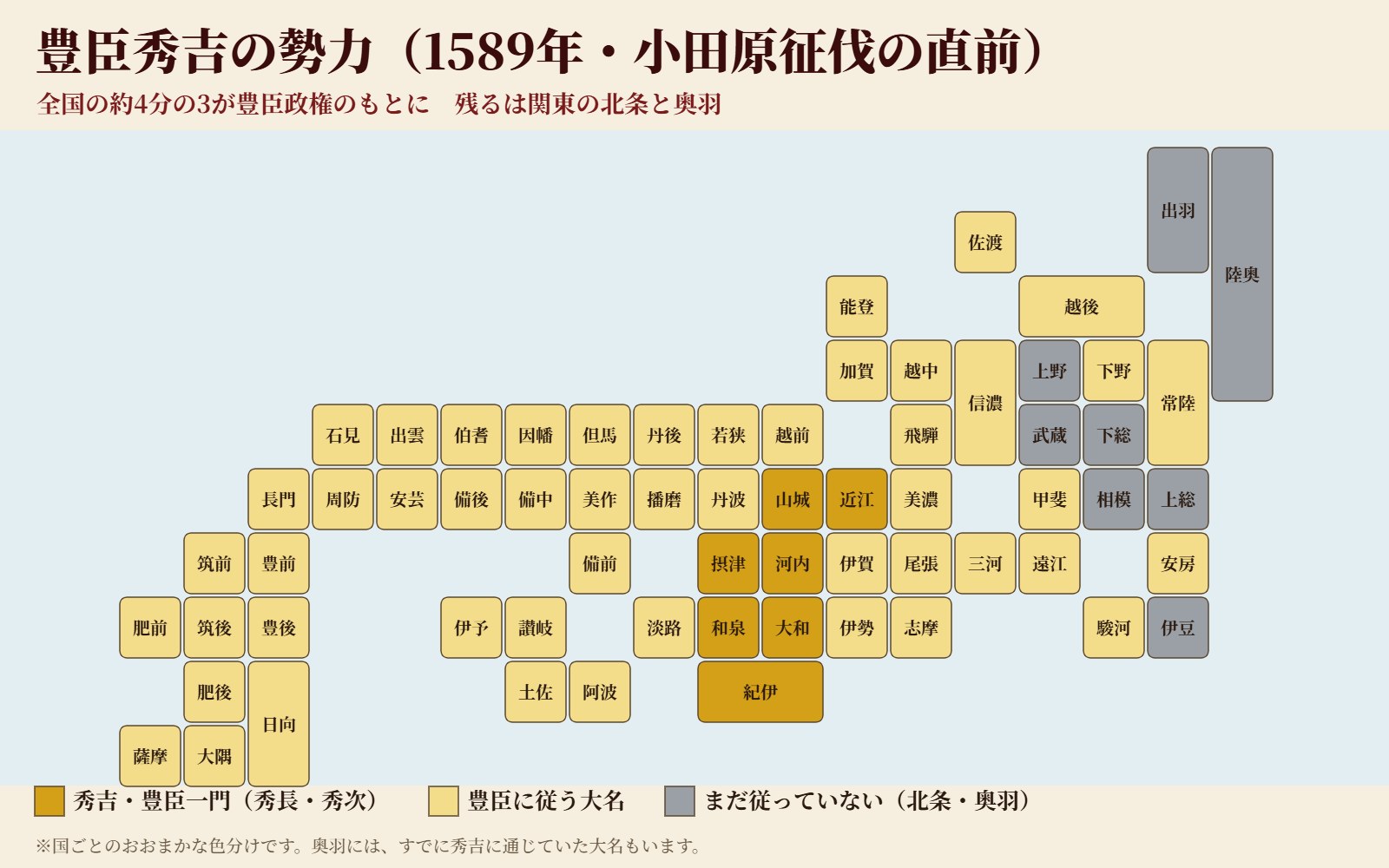 1589年、小田原征伐の直前の豊臣政権の勢力(国ごとのおおまかな色分け)