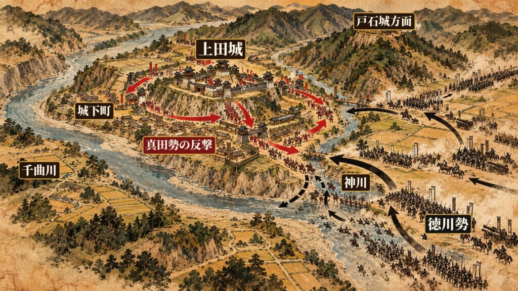 上田城・城下町・神川・戸石城方面と徳川勢の進路を示した位置関係図