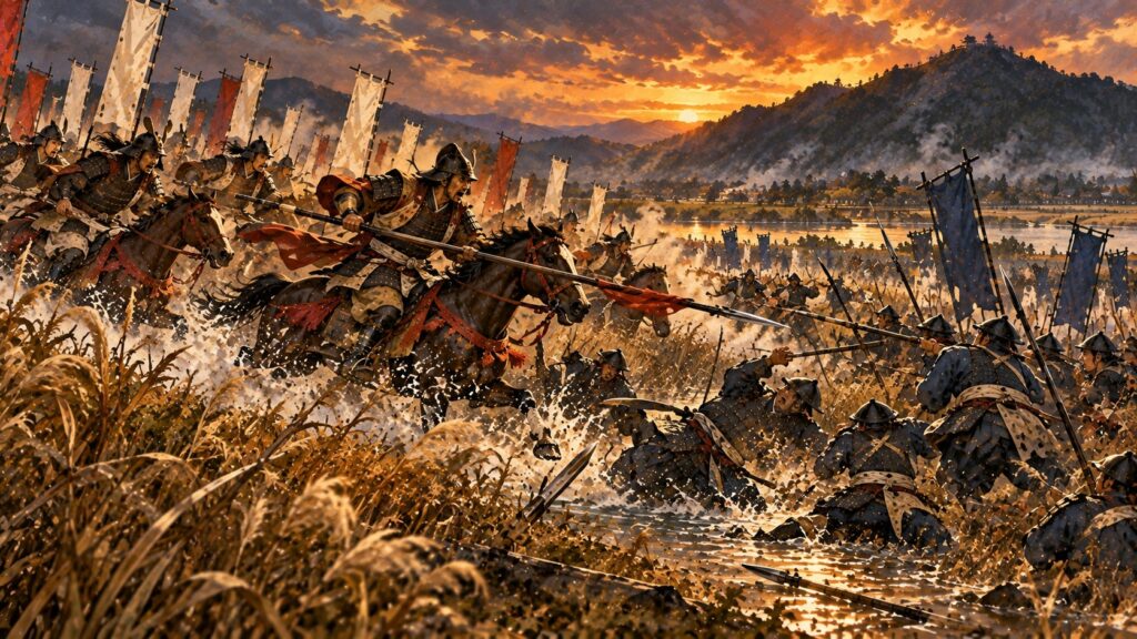 淀川沿いの葦原を進み、明智軍の横腹を突く池田恒興の部隊のイラスト