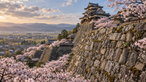 桜と石垣、天守台を望む大和郡山城のイメージ画