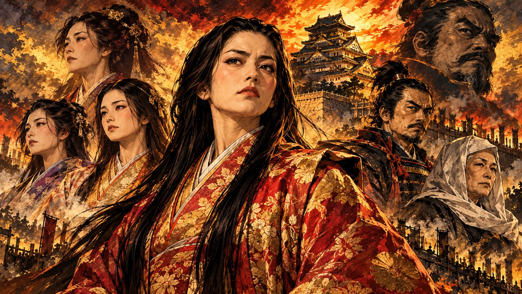 淀殿と、その背後に描かれた妹たち・側近・徳川家康の影のイラスト