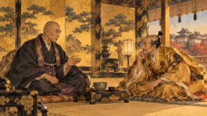 聚楽第の座敷で、出家した足利義昭と豊臣秀吉が向かい合って語らう様子を描いた日本画風イラスト